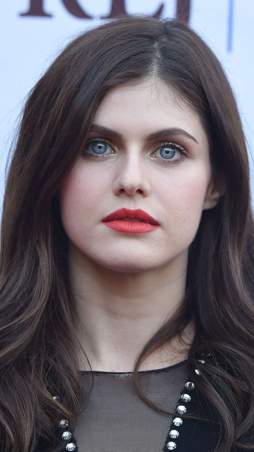 Alexandra Daddario Close-Up Portrait with Red Lipstick and Blue Eyes HD phone wallpaper