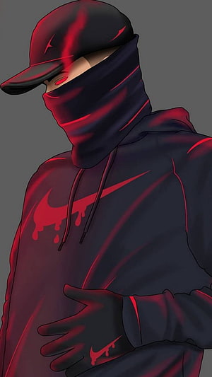 Digital Illustration of a Hooded Figure in Black Nike Streetwear with Red Accents HD phone wallpaper