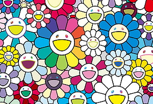 Takashi Murakami Flower Art Pattern with Vibrant Smiling Faces and Colorful Petals HD wallpaper