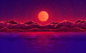 Red Moon Over Alien Mountain Range With Starry Sky and Reflective Water HD wallpaper