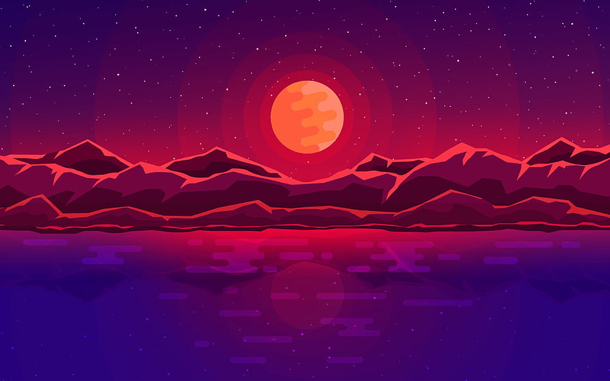 Red Moon Over Alien Mountain Range With Starry Sky and Reflective Water HD wallpaper