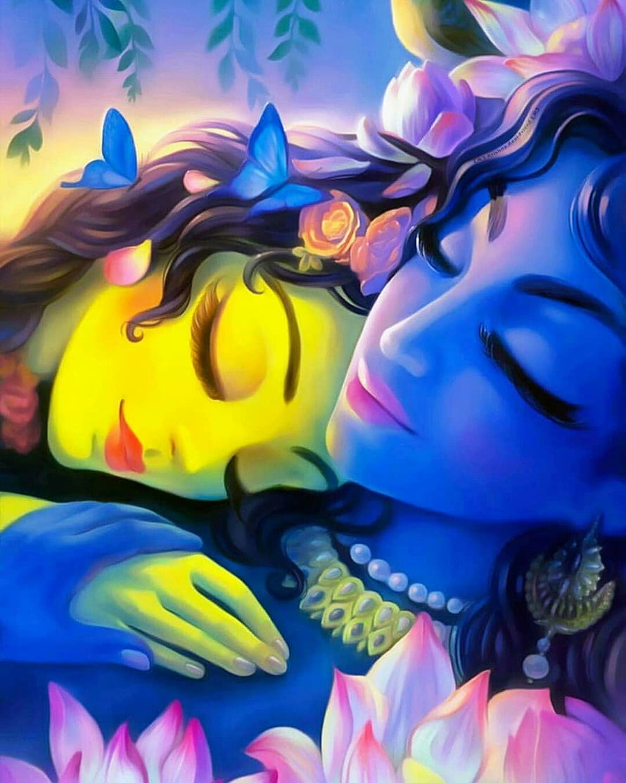 Radha Krishna Devotional Artwork with Lotus Flowers and Butterflies HD phone wallpaper