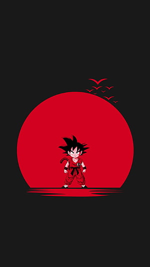 Kid Goku in Red Gi Standing Before a Giant Red Sun with Birds in a Minimalist Anime Style HD phone wallpaper