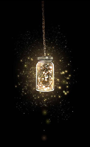 Glowing Fairy Light Jar Hanging Against a Dark Background with Golden Sparkles HD phone wallpaper