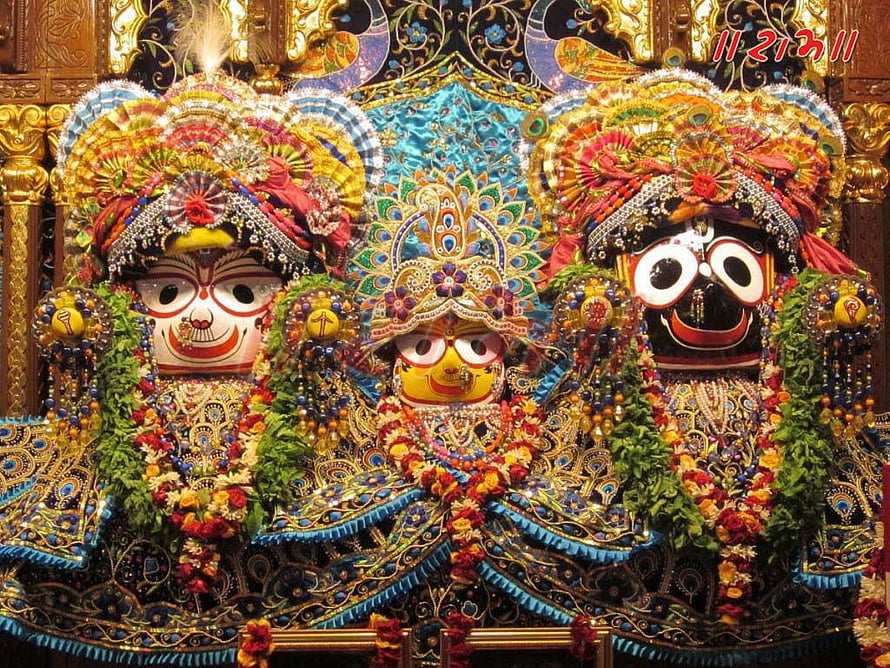 Jagannath Subhadra Balbhadra Deities in Ornate Temple Setting HD wallpaper