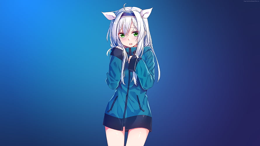 Silver-Haired Anime Girl with Cat Ears in Blue Track Jacket HD wallpaper