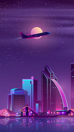 Vaporwave Night City Skyline With Airplane Silhouette And Neon Moon HD phone wallpaper