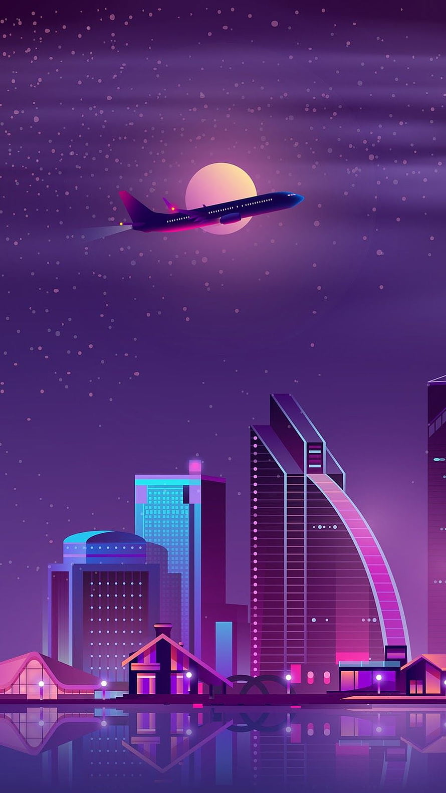 Vaporwave Night City Skyline With Airplane Silhouette And Neon Moon HD phone wallpaper