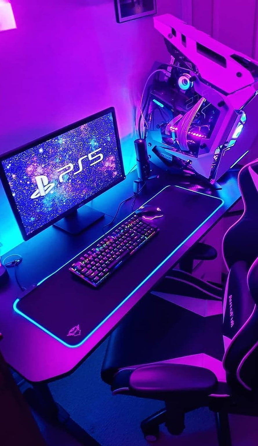Neon Purple Gaming Setup with PS5 Monitor and RGB Mechanical Keyboard HD phone wallpaper