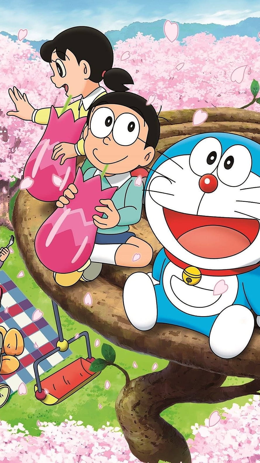 Doraemon, Nobita, and Shizuka Enjoying a Cherry Blossom Picnic on a Tree Branch HD phone wallpaper