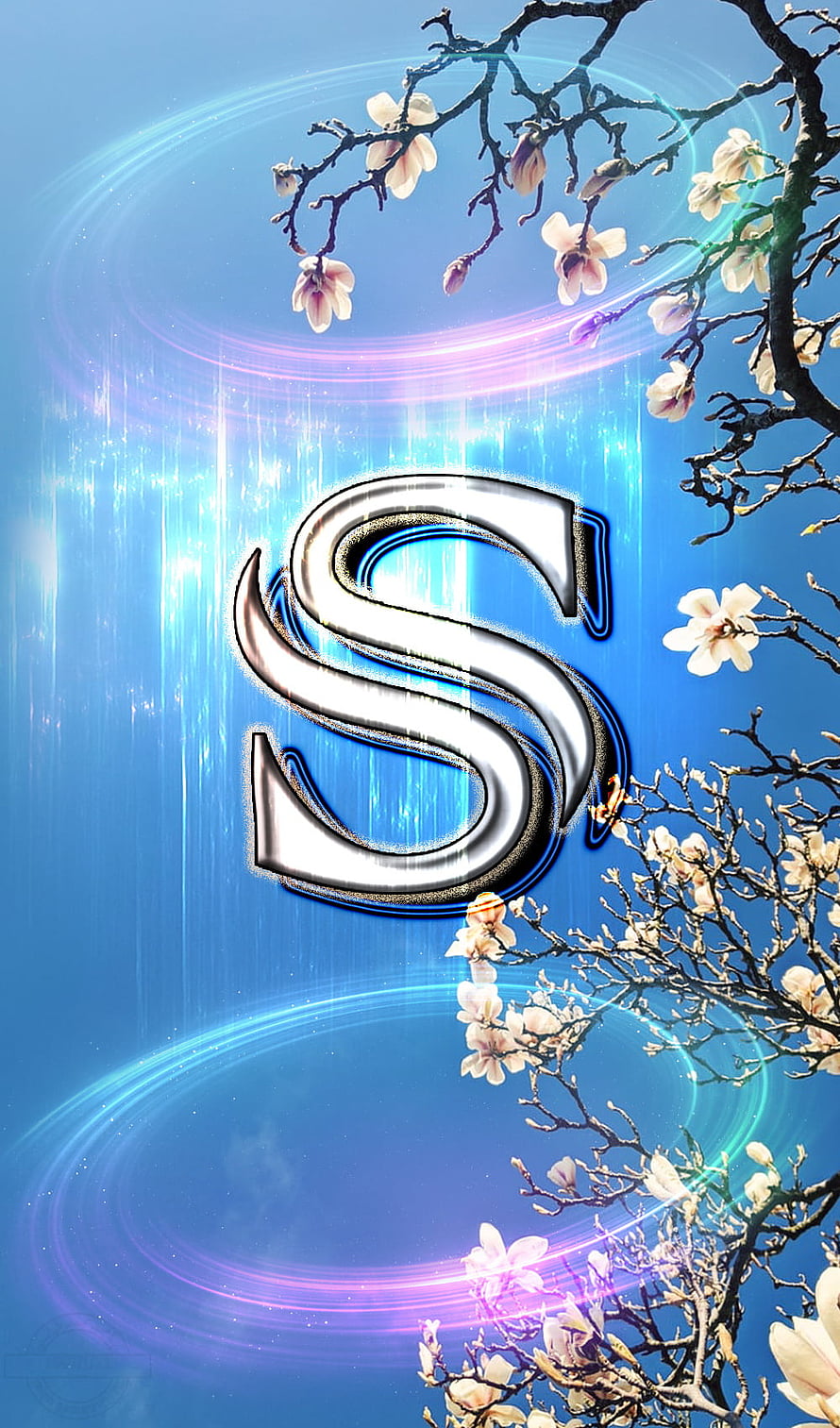 Elegant 3D Letter S with Cherry Blossoms and Neon Light Rings on Blue Background HD phone wallpaper
