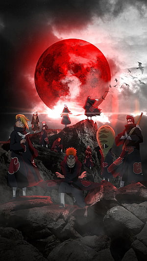 Akatsuki Members Gathered on Rocky Terrain Under a Massive Blood Moon HD phone wallpaper