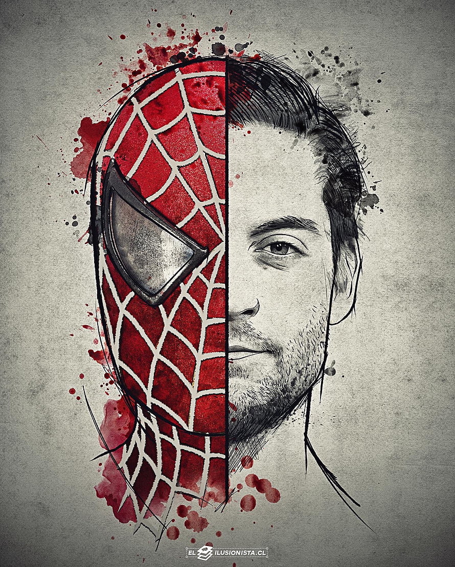 Spider-Man and Peter Parker Split Face Portrait with Ink Splatter Art HD phone wallpaper