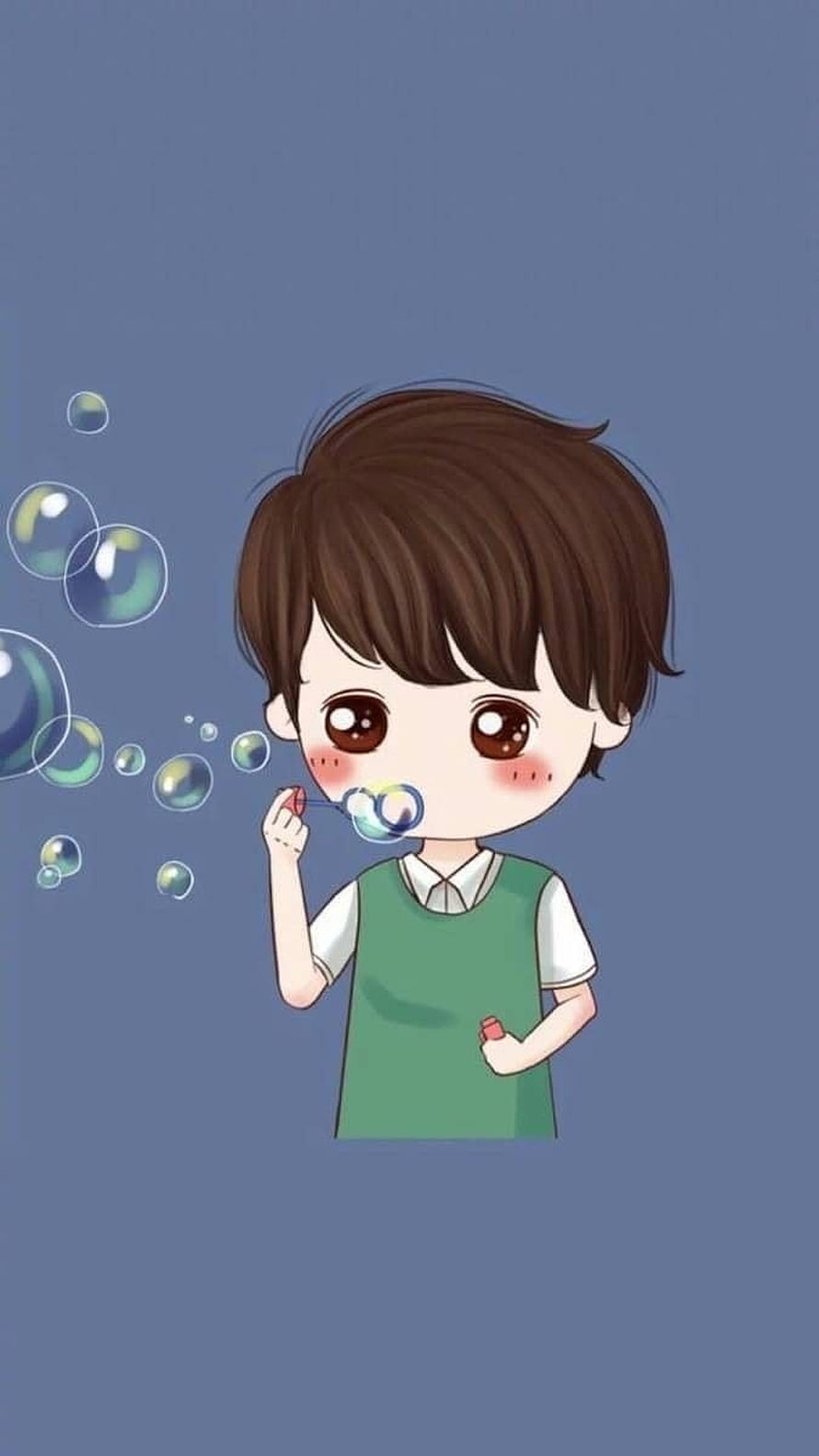 Cute Chibi Boy Blowing Bubbles in Green Vest on Blue Background HD phone wallpaper