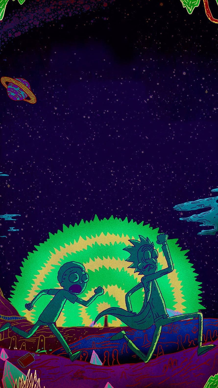 Rick and Morty characters sprinting across an alien landscape under a glowing green portal in deep space HD phone wallpaper