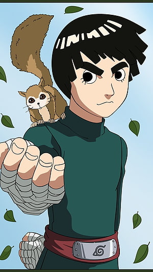 Rock Lee and Guy from Naruto in a Cartoon Style with a Squirrel Companion HD phone wallpaper