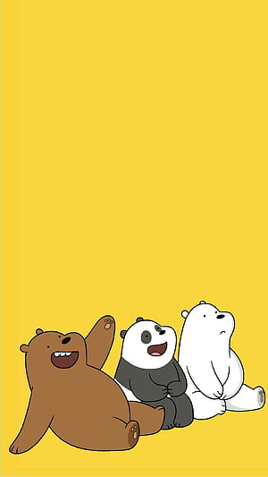 We Bare Bears cartoon trio sitting together on a bright yellow background HD phone wallpaper