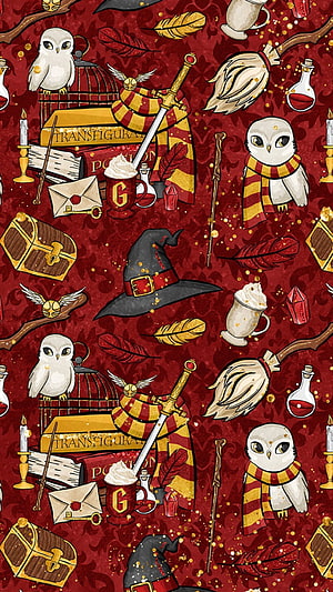 Harry Potter Gryffindor Owl and Wizarding Artifacts Patterned Wallpaper HD phone wallpaper