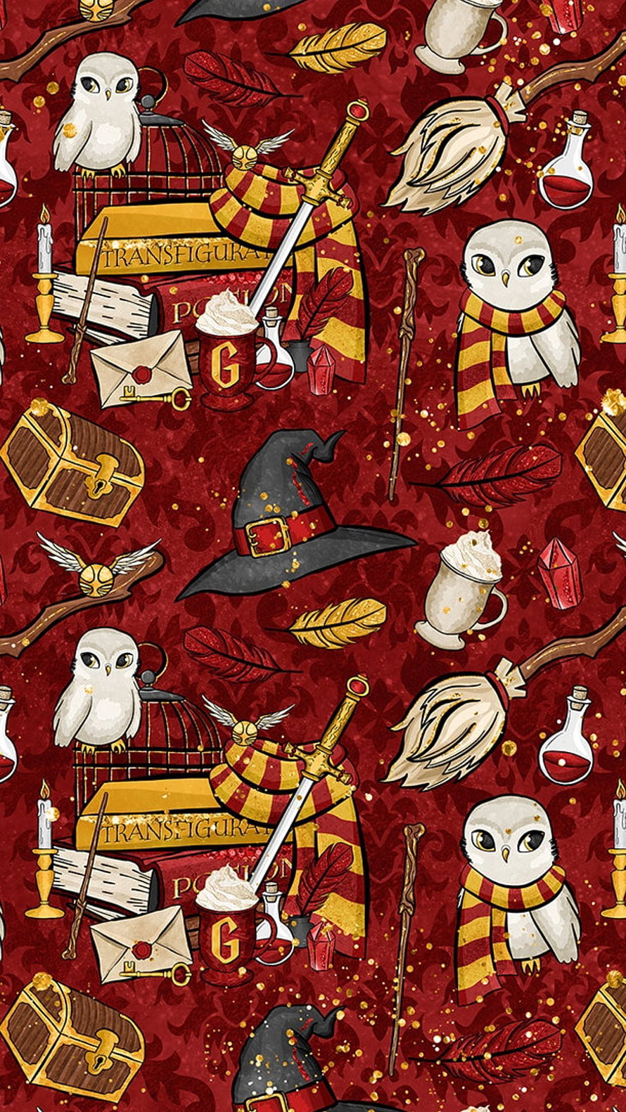 Harry Potter Gryffindor Owl and Wizarding Artifacts Patterned Wallpaper HD phone wallpaper