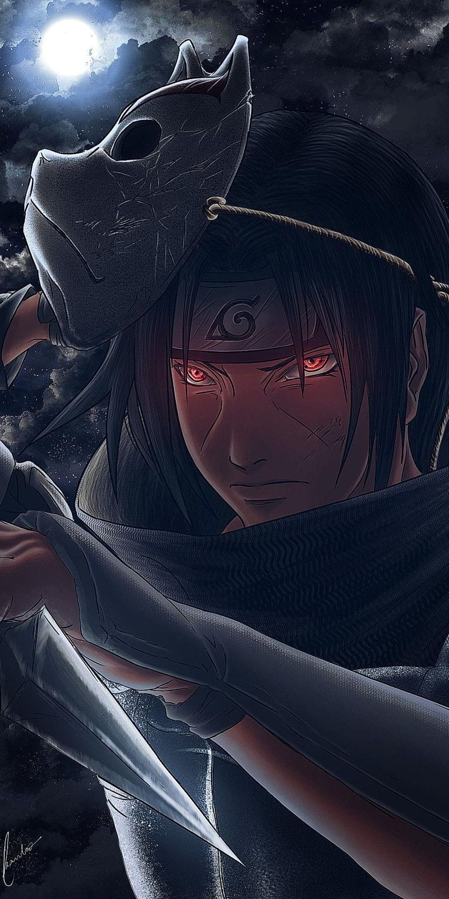 Itachi Uchiha ANBU Mask and Sharingan Eyes in Dark Moonlit Anime Art HD phone wallpaper