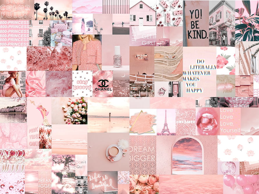 Light Pastel Pink Aesthetic Collage Kit with Flowers, Paris, and Inspirational Quotes HD wallpaper