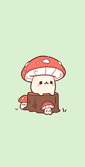 Cute Kawaii Mushroom Character Sitting on a Tree Stump with Tiny Friends HD phone wallpaper