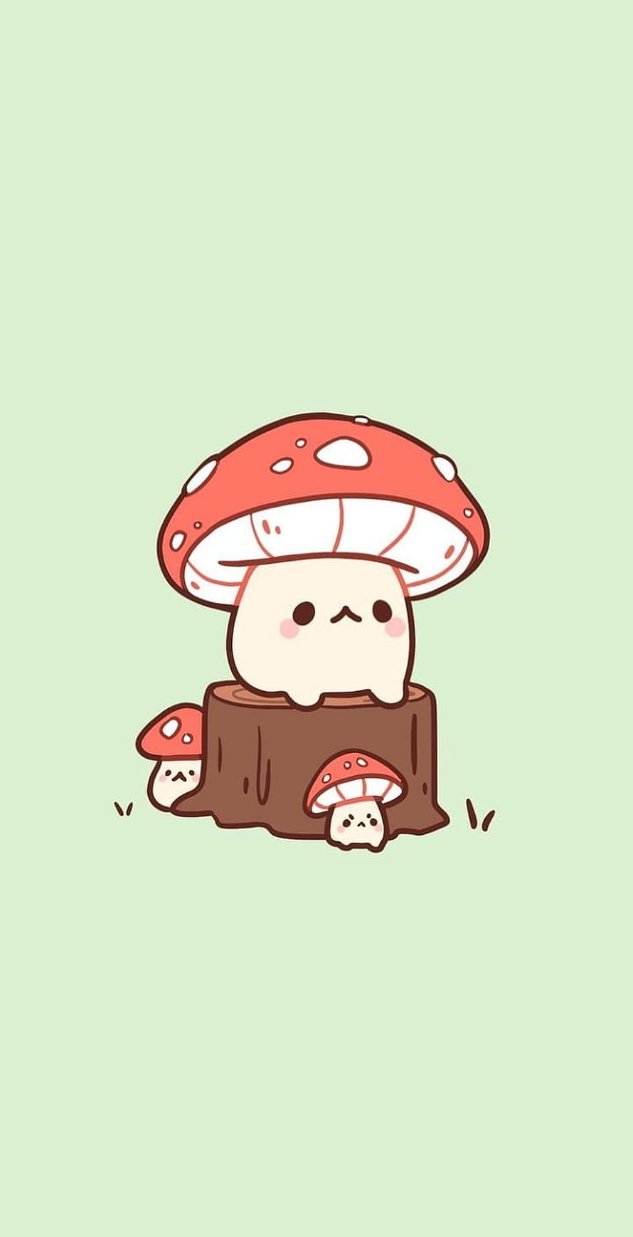 Cute Kawaii Mushroom Character Sitting on a Tree Stump with Tiny Friends HD phone wallpaper