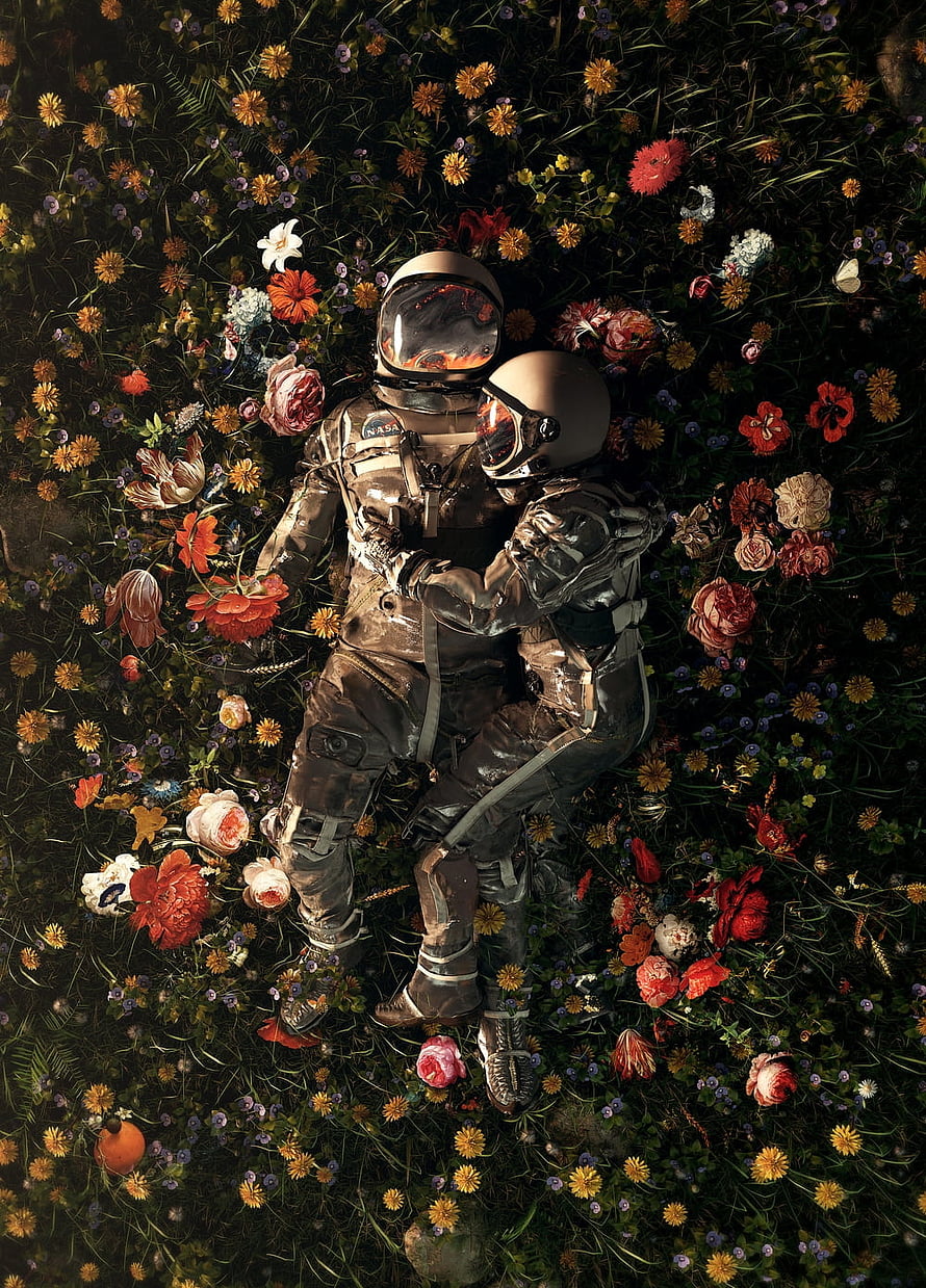 Two Astronauts Embracing in a Lush Field of Wildflowers and Roses HD phone wallpaper
