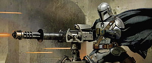 The Mandalorian Concept Art: Armored Warrior Operating Heavy Machine Gun HD wallpaper