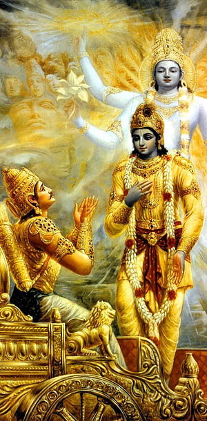 Krishna and Arjuna on the Chariot with Divine Presence in Mahabharata HD phone wallpaper
