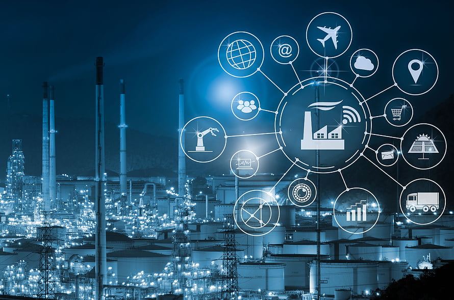 Industry 4.0 Smart Factory Network with Digital Connectivity Icons HD wallpaper