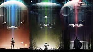 Star Wars Saga Concept Art Featuring Luke, Yoda, and Darth Vader with X-Wings and TIE Fighters HD wallpaper