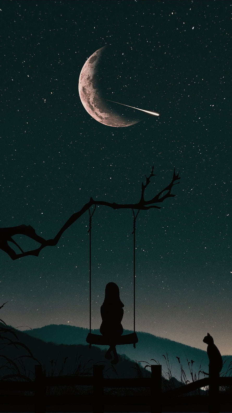 Silhouette of a girl on a tree swing under a crescent moon and starry night sky HD phone wallpaper