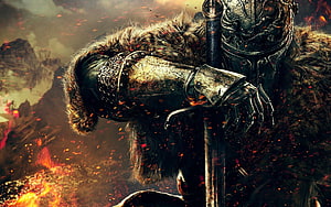 Armored Knight in Fur Cloak Holding Sword Amidst Fire and Embers HD wallpaper