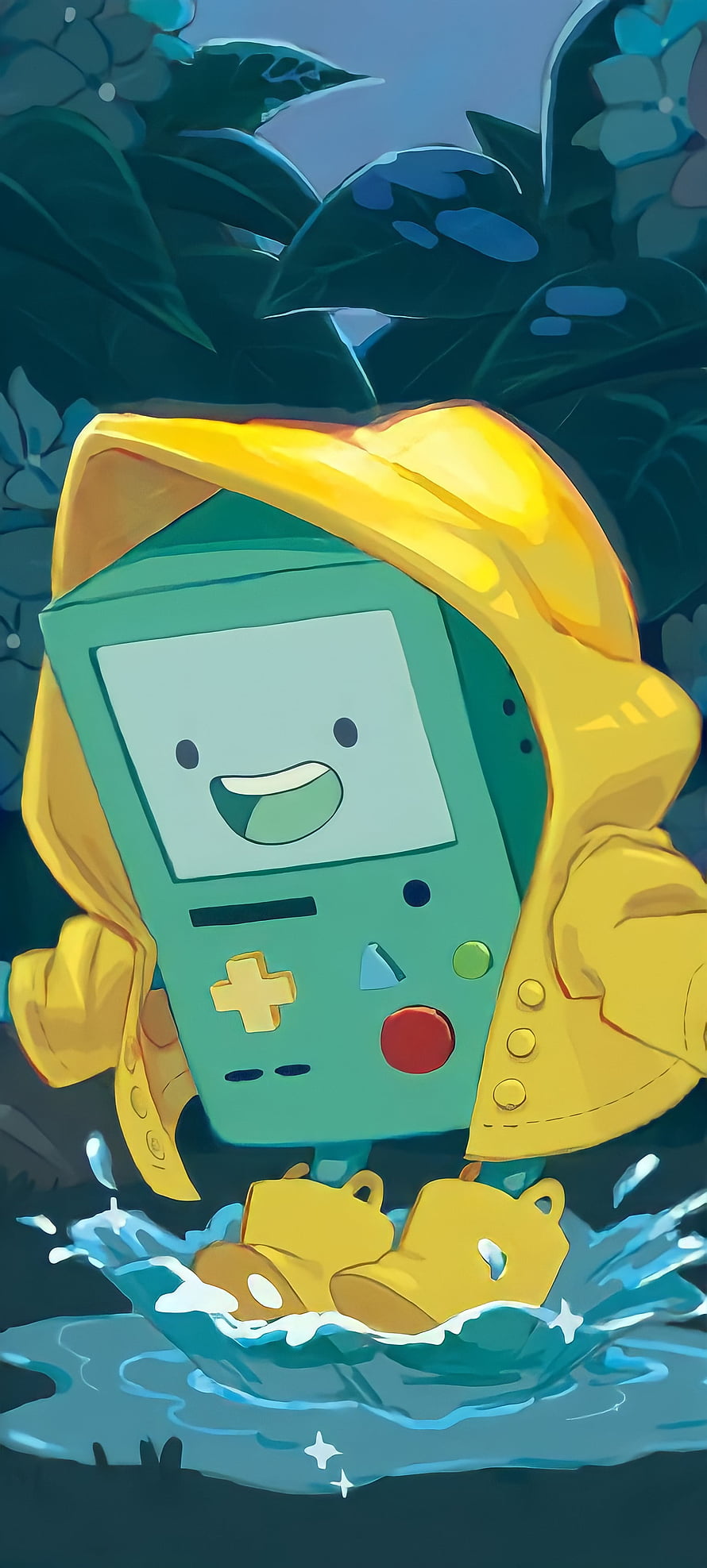 BMO from Adventure Time Wearing a Yellow Raincoat in a Splashy Puddle HD phone wallpaper
