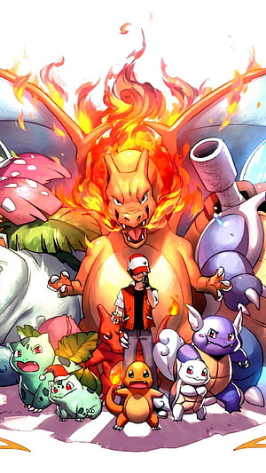 Pokémon Trainer with Charizard, Bulbasaur, Squirtle, and Evolution Lineup in Vibrant Anime Art HD phone wallpaper