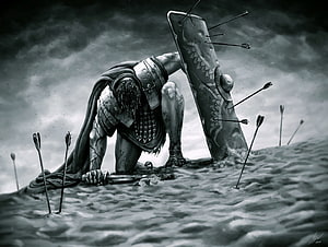 Defiant Warrior Kneeling Amidst Arrows on a Stormy Battlefield HD wallpaper
