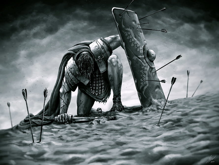 Defiant Warrior Kneeling Amidst Arrows on a Stormy Battlefield HD wallpaper