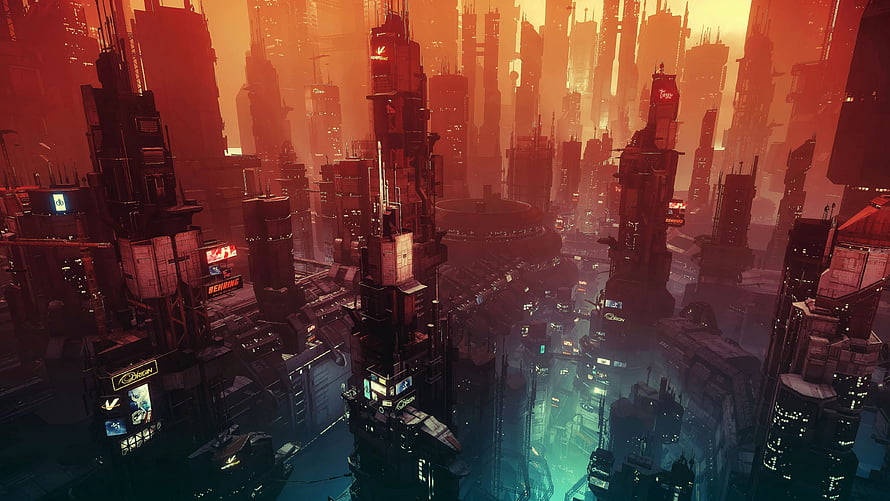Dystopian Cyberpunk Cityscape with Towering Skyscrapers and Neon Glow HD wallpaper