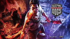 Sleeping Dogs Definitive Edition promotional artwork featuring tattooed protagonist with machete in rain HD wallpaper