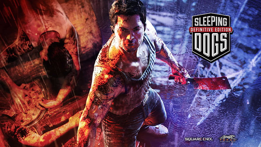 Sleeping Dogs Definitive Edition promotional artwork featuring tattooed protagonist with machete in rain HD wallpaper