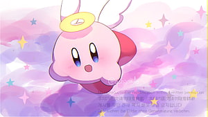 Cute Kirby with Angel Halo and Wings Floating Among Pastel Clouds and Stars HD wallpaper