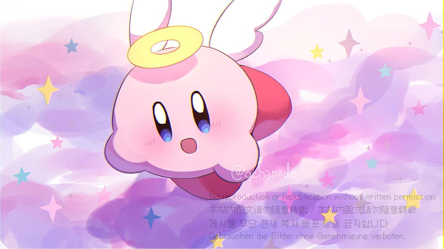 Cute Kirby with Angel Halo and Wings Floating Among Pastel Clouds and Stars HD wallpaper