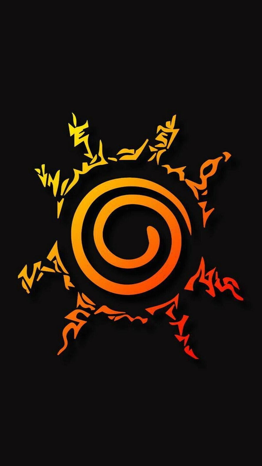 Naruto Hidden Leaf Village Symbol with Fiery Spiral Design on Black Background HD phone wallpaper
