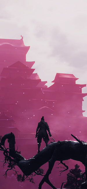 Sekiro Shadows Die Twice Warrior Silhouette Before Crimson Castle in Snowfall HD phone wallpaper