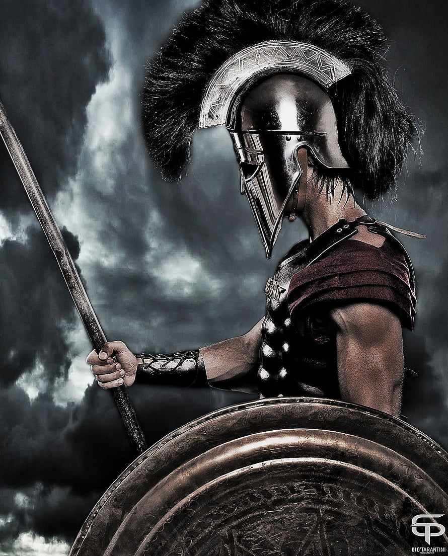 Ancient Greek Spartan Warrior in Bronze Armor with Spear and Shield HD phone wallpaper