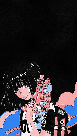 Anime Girl with Pink Blaster Gun and Streetwear Aesthetic Illustration HD phone wallpaper