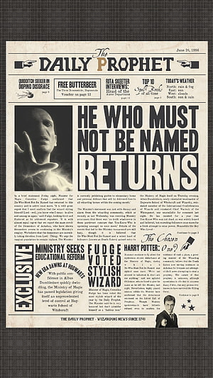 Harry Potter Daily Prophet Front Page Featuring He Who Must Not Be Named Returns Headline HD phone wallpaper