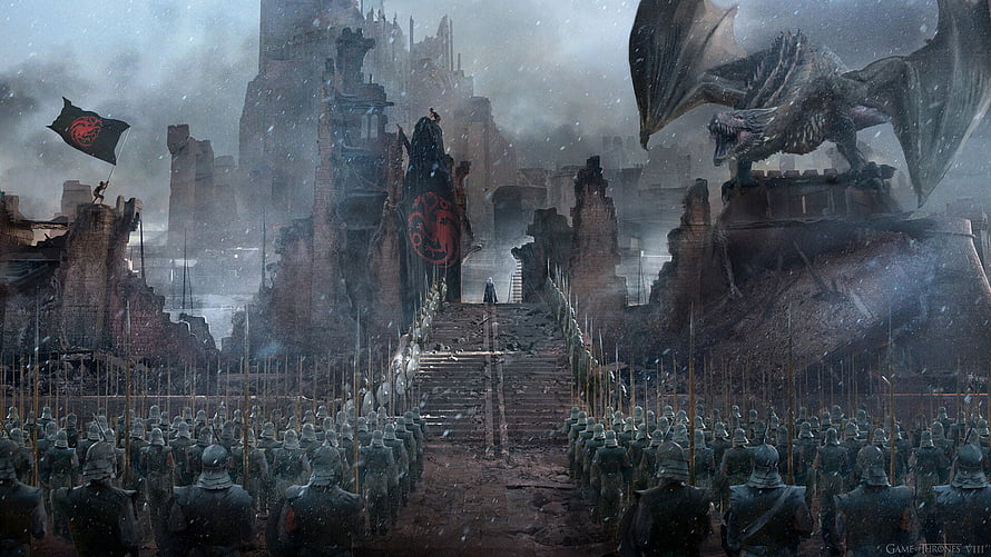 Game of Thrones: Daenerys Targaryen and Drogon at the Gates of King's Landing HD wallpaper