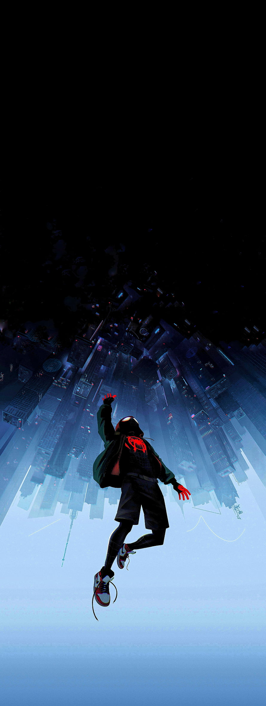 Miles Morales leaping over a futuristic cityscape in Spider-Verse style HD phone wallpaper